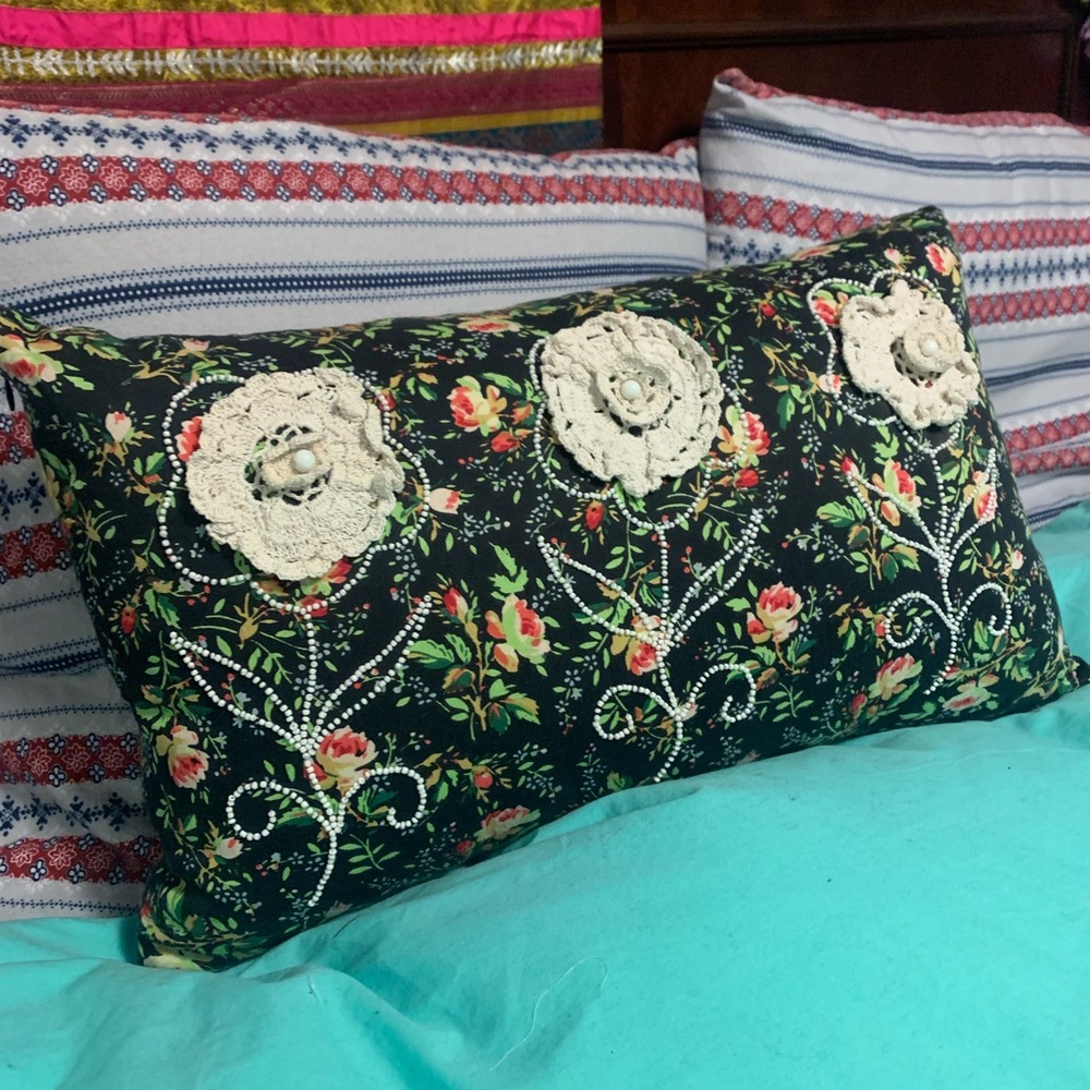 Urban Outfitters Floral Decorative Throw Pillow w/Crochet Flowers